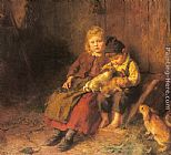 Kittens Playing on a Desk Paintings - Two Children Playing with Rabbits by Felix Schlesinger